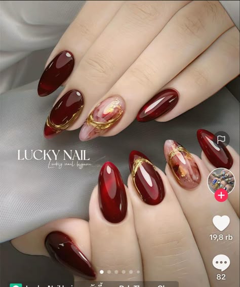 Raya Nails, Cny Nail Art, Birthday Nails Inspo, Chinese New Year Nails, Nail Gel Art, Cny Nails, Potter Nails, Ruby Nails, Gel Manicure Colors