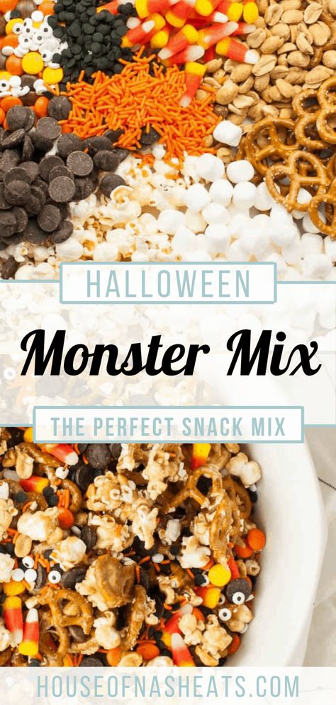 Halloween Monster Snack Mix Halloween Popcorn Mix, Monster Snacks, Fall Snack Mixes, Halloween Snack Mix, Easy Halloween Snacks, Caramel Apples Homemade, Halloween Popcorn, Popcorn Mix, Festive Recipes