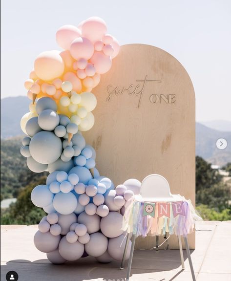 Sweet One Pastel Birthday Theme, My Sweet One First Birthday, Sweet One Backdrop With Balloons, Pastel One Year Old Birthday, First Birthday Backdrops, Backyard 1st Birthday Party Girl, 1 Year Birthday Party Ideas Girl Theme, One Year Old Bday Themes, Sweet One First Birthday Backdrop