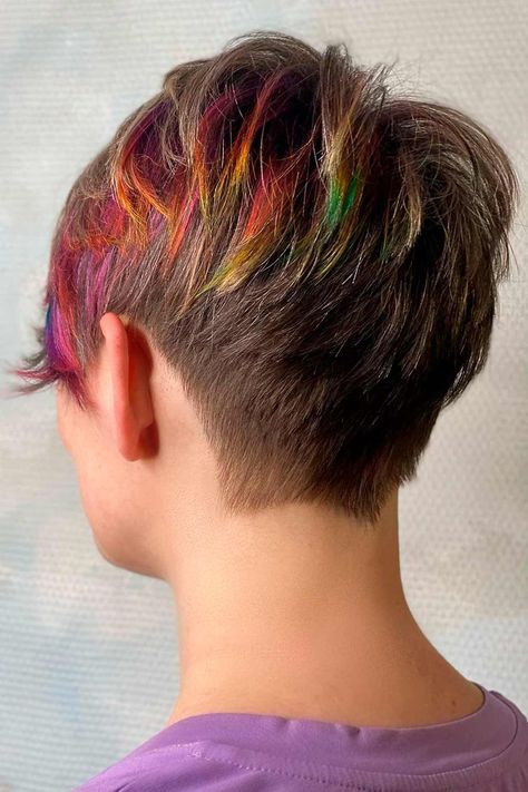 Short Hair Color Ideas For Creative and Trendy Ladies ★ Short Hair with Rainbow Blocks Fun Color For Short Hair, Rainbow Hair Color Short Pixie, Rainbow Highlights Short Hair, Tip Hair Dye Ideas, Short Hair Rainbow Color, Color Placement Techniques Short Hair, Fun Hair Color Ideas For Short Hair, Color Blocking Short Hair, Hair Colour For Short Hair