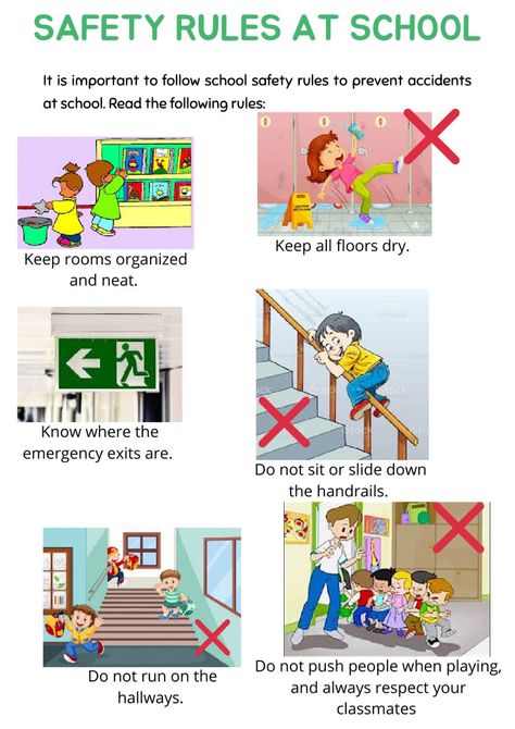 Safety At School For Kids, Safety Rules At School Pictures, Safety At Home Posters, School Safety Posters For Kids, School Safety Activities For Preschool, Safety At Home For Kids Worksheets, Kids Safety Poster, Safety Rules At Home, Safety Rules At School