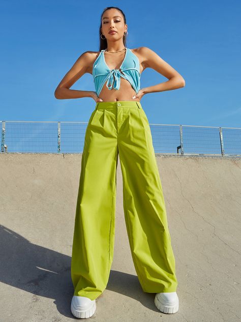 Neon Yellow Pants, Linen Trousers Outfit, Lime Green Outfits, Lime Green Pants, Neon Pants, Green Linen Pants, Green Pants Outfit, Track Pants Outfit, Japan Outfits