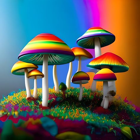 This artwork features a close-up view of multiple mushrooms in vibrant rainbow colors, creating a whimsical and fantastical mushroom wonderland. The colors blend seamlessly into each other, creating a surreal and dream-like atmosphere. The details of each mushroom are highly intricate and the overall effect is both eye-catching and mesmerizing. This piece would be perfect for anyone who loves bright colors and wants to add a touch of magic to their space. Mushroom Ideas, Mushroom Wonderland, Nature Portraits, Rainbow Mushroom, Random Art, Color Blending, The Details, Rainbow Colors, Bright Colors