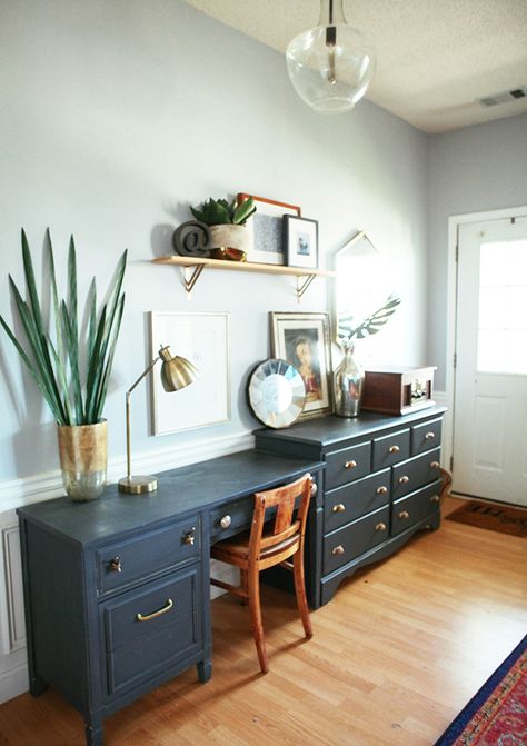 Entryway + Office Makeover | In Honor Of Design Entry Way Study Nook, Entryway Office Ideas Small Spaces, Desk In Foyer Entry Ways, Entry Desk Entryway, Desk In Entryway Ideas, Foyer Desk Entryway, Entryway Desk Ideas Foyers, Home Office In Entryway, Entryway Office Combo