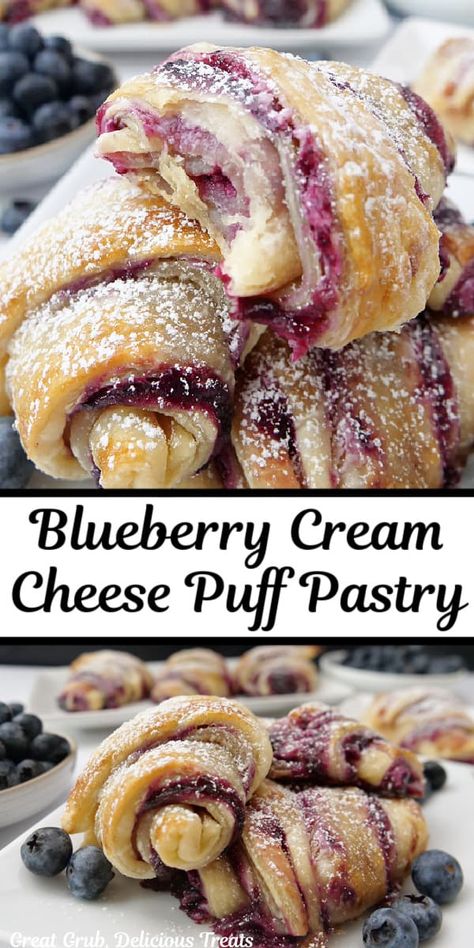 Blueberry Cream Cheese Puff Pastry is filled with a blueberry filling, a cream cheese mixture, baked to golden perfection, and dusted with powdered sugar. Baked Bread Desserts, Lazy Day Dinner Ideas Healthy Recipes, Birthday Dessert Ideas Healthy, Rachel Cooks With Love Recipes Cinnamon Rolls, Sweet And Savory Brunch, Work Carry In Food Ideas Parties, Recipes With Whipped Cream Cheese, Football Bake Sale Treats, New Wife Recipes