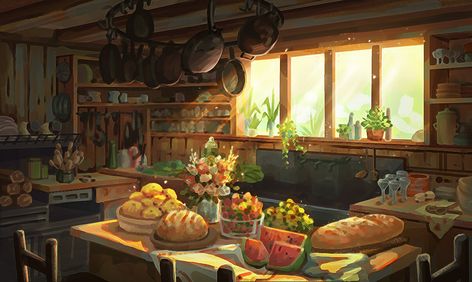 Witch Kitchen Illustration, Fantasy Kitchen Art, Kitchen Fantasy Art, Cottagecore Brunch, Ethereal Kitchen, Bakery Diorama, Kitchen Concept Art, Kitchen Village, Fantasy Kitchen