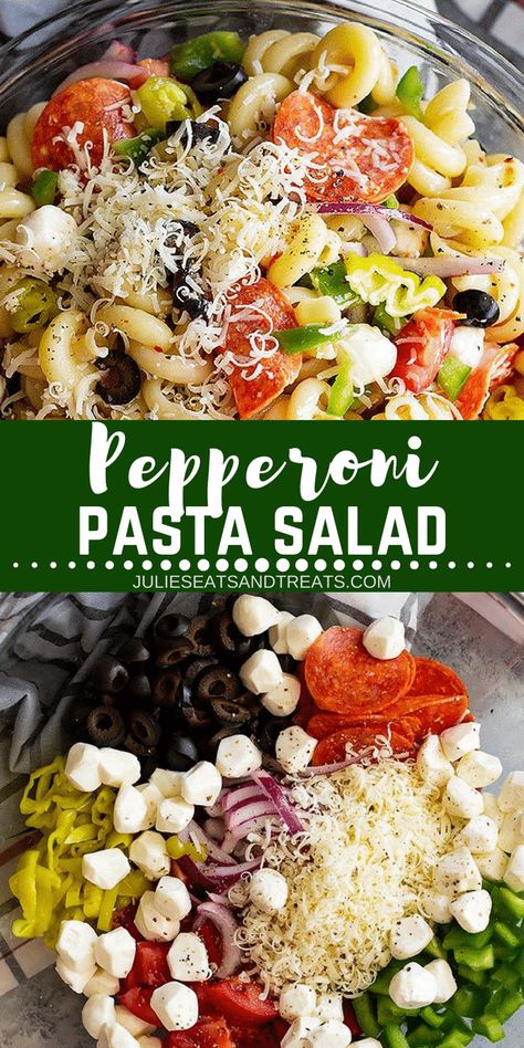 This Pepperoni Cold Pasta Salad is an easy cold pasta salad with Italian dressing, pepperoni, 2 cheeses, and fresh vegetables. It's perfect for a large crowd, potlucks, and summer BBQ's! #pastasalad #pepperoni #easy #potlucks #julieseatsandtreats #coldpastasalad #easyrecipe #recipe #pepperoni #pasta Pasta Salad Recipes With Mozzarella Pearls, Pasta Salad With Mini Pepperoni, Cold Meals For A Crowd, Italian Sub Pasta Salad, Cold Pasta Salad Recipes With Italian Dressing, Party Salads For A Crowd, Cold Pastas, Pasta Salad With Pepperoni, Easy Cold Pasta