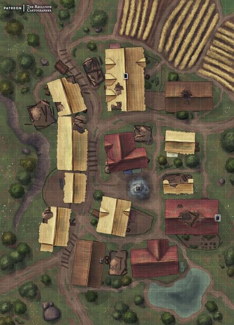 A group of village buildings seen from above, many of them damaged from a recent attack of some sort, with golden fields and a pond nearby. #dnd #battlemap #ttrpg Poor Village, Dnd Orc, Burning City, Village Map, Farm Village, Dnd World Map, Tabletop Rpg Maps, Karten Design, Dungeon Maps