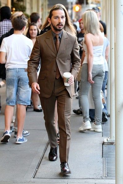 Groom - Brown suit, black shoes Brown Suit Jacket Black Pants Men, Brown Suit With Black Shirt, Brown Coat Black Pants Men, Brown Blazer Black Pants Men, Brown Suit Combinations, Shia Labeouf Boots, Men Party, Suit Combinations, Brown Suit