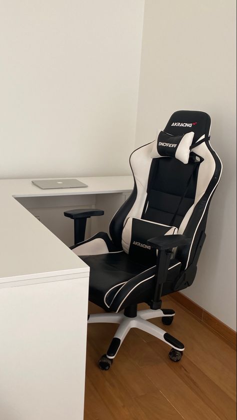 aesthetic, minimalist setup, akracing chair, room decor, room decor ideas, aesthetic setup, minimalist gaming setup Black Chair White Desk, Black And White Gaming Chair, Silla Gamer Aesthetic, Gaming Chair Aesthetic, Black And White Setup, Black Room Ideas, White Setup, Setup Minimalist, Streamer Aesthetic