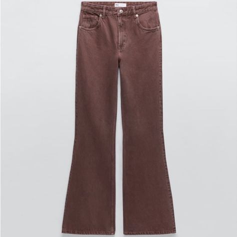 High Rise - Full Length High-Rise Flared Jeans In Canvas. Five Pockets, Zip Fastening And Metal Button.Brand New With Tags. Light Maroon. Full Waist: 28” Length 44” Inseam 32”. 100% Cotton Brown Flare Jeans, Zara Wide Leg Jeans, Brown Flares, Full Length Jeans, Leopard Print Jeans, White Ripped Jeans, Flair Jeans, Grey Denim Jeans, Black Jeans Women