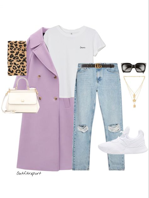 Lilac Coat Outfit, Lilac Clothes, La Outfit, Jeans Gucci, Outing Outfit, Mode Hijabi, Look Formal, Leopard Scarf, Celine Sunglasses