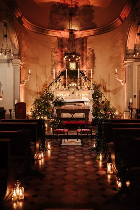 Small Chapel Wedding Aesthetic, Candle Lit Alter, Candlelit Chapel Wedding, Small Italian Chapel Wedding, Wedding Venue Ideas Church, Candle Lit Ceremony Aisle, Candle Decor Wedding Ceremony, Candle Lit Wedding Ceremony Outdoor, Candle Lit Isle Wedding