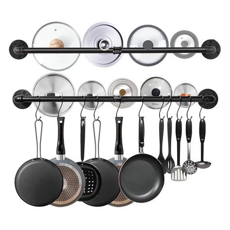 Diy Pan Rack Hanging, Pot Rail Kitchen, Pot Rack Hanging Wall, Hanging Pots And Pans On Wall, Pot Hangers For Kitchen, Hanging Storage Kitchen, Hanging Pots And Pans, Cottages In The Woods, Pot Lid Storage