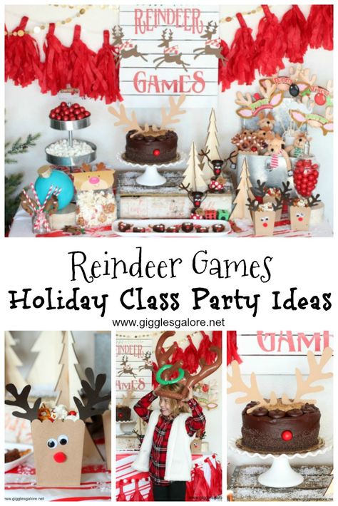 Reindeer games holiday class party ideas! #holidaygames #classparty #christmasparty #holidayparties #partygames Toddler Holiday Party Activities, Class Holiday Party Ideas Kindergarten, Reindeer Games Party Theme, Room Mom Christmas Party Ideas, Reindeer Party Theme, Classroom Christmas Party Ideas 1st Grade, Reindeer Games Christmas Party Kids, Kids Reindeer Games, Kindergarten Classroom Christmas Party