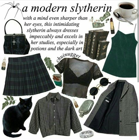 Modern Slytherin - aesthetic Slytherin Aesthetic Outfit, Slytherin Clothes, Slytherin Outfit, Grunge Outfits 90s, Slytherin Fashion, Stile Harry Potter, Hogwarts Outfits, Mode Grunge, Slytherin Aesthetic