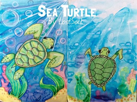 (Above: Teacher and Kindergartner)   ---------------------------------------------------------------------------------------------  ... Turtle Art Kids, Third Grade Art Project, Ocean Art Projects, Third Grade Art, Kindergarten Art Lessons, Animal Art Projects, Sea Turtle Art, 6th Grade Art, 3rd Grade Art