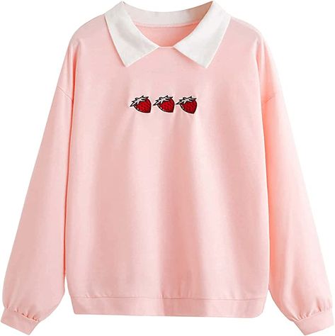 SweatyRocks Women's Contrast Collar Drop Shoulder Casual Long Sleeve Pullover Sweatshirt Tops at Amazon Women’s Clothing store Kawaii Sweatshirt, Baggy T-shirt, Fall Pullover, Strawberry Pink, Baggy Clothes, Crop Top Sweatshirt, Collared Sweatshirt, Fashion Hoodies, Striped Hoodie