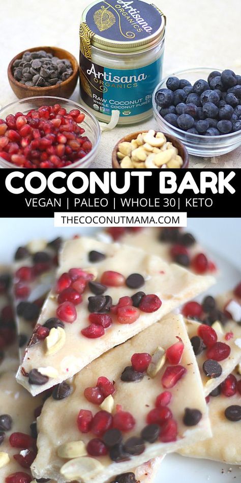 This coconut bark is a delicious treat made with coconut butter, coconut oil, honey (or stevia), and topped with nuts, dried fruit, and chocolate. Coconut Oil Snacks, Recipes With Coconut Butter, Coconut Manna Recipes, Desiccated Coconut Recipes, Paleo Junk Food, Coconut Butter Recipes, Aip Paleo Desserts, Coconut Bark, Aip Snacks