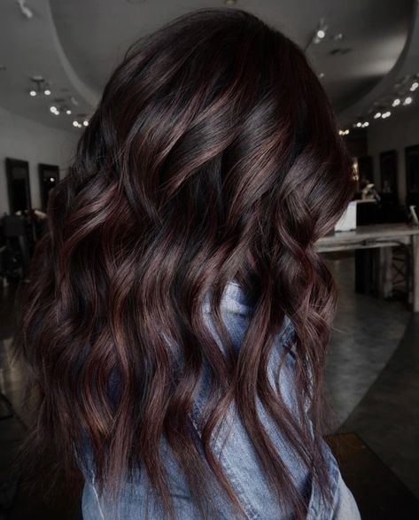 Sophisticated Cherry Chocolate Waves Chocolate Bayalage Hair Dark Brown, Dark Winter Hair Color Ideas, Dark Chocolate Balayage, Claire Hair, Dark Chocolate Hair, Dark Chocolate Brown Hair, Mocha Hair, Hair Change, Hair Pics