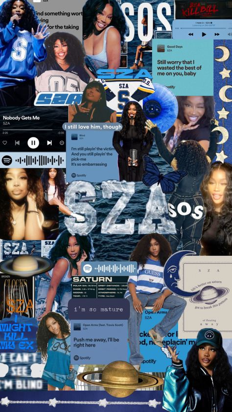 sza wallpaper collage!! 💙🪐 #sza #shuffles #wallapaper #wallpapercollage #collageart #szacollage Travis Scott And Sza Wallpapers, Wallpaper Backgrounds Celebrities, R And B Aesthetic Wallpaper, Sza Wallpapers Ipad, Song Collage Wallpaper, Sza Wallpaper Aesthetic, Sza Aesthetic Wallpaper Laptop, Ipad Wallpaper Music, Sza Wallpapers Aesthetic