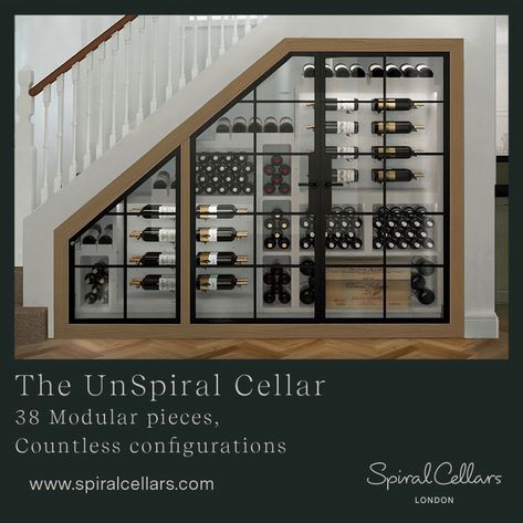 Stair Wine Cellar, Under Stair Wine, Under Stairs Wine Cellar, Led Shelf Lighting, Wine Room Design, Under Stair, Banquet Seating, Contemporary Barn, Home Wine Cellars