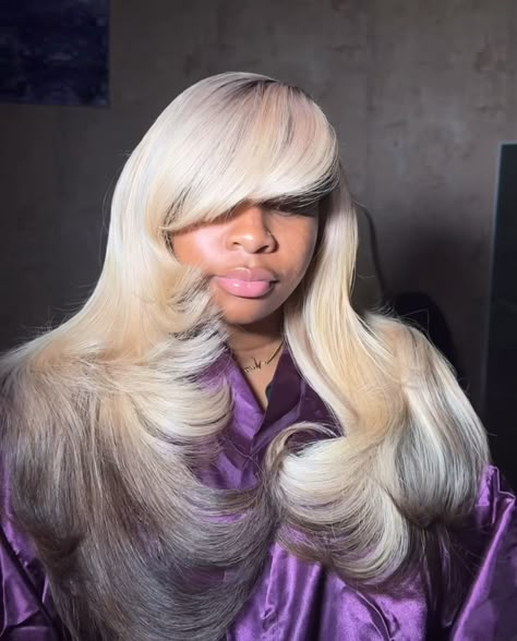 Blonde With Bangs Black Women, Blonde Sew In Weave With Leave Out, 613 Hairstyles For Black Women, Detroit Hairstyles, Side Part Bang Wig, Ash Blonde Wig Black Women, Black Wig With Blonde Highlights, Blonde Bob Black Women, Platinum Blonde Hair With Lowlights