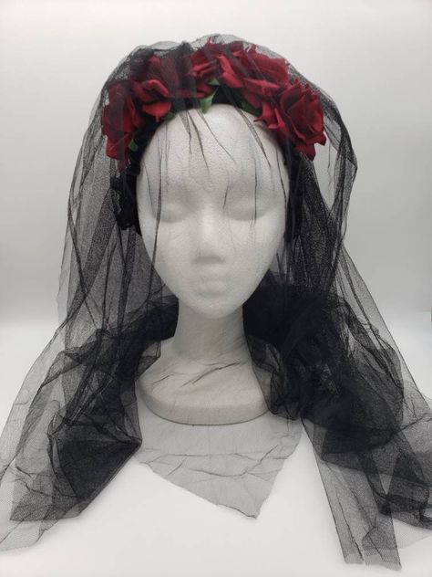 Headpiece with red roses and black veil. Goth Veil, Small Veil, Rose Veil, Goth Bride, Vampire Wedding, Rose Headpiece, Very Small Wedding, Red Veil, Black Stuff