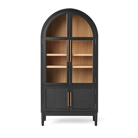 Member's Mark Enzo Bookcase Storage Cabinet With Rattan Cabinet Doors, Black Finish - Sam's Club Black Arched Cabinet, Rattan Cabinet Doors, Arched Cabinet, Cabinet Trends, Rattan Cabinet, Curved Cabinets, Wide Bookcase, Tempered Glass Door, Members Mark