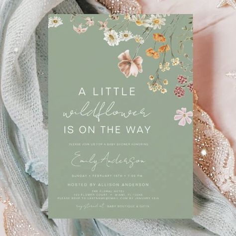 $2.65 | Sage Green A Little Wildflower Baby Shower | Baby Shower Invitations | elegant script calligraphy, wildflower baby shower, gender neutral, floral, boho chic, baby shower boy invite, baby shower girl invite, a little wildflower, baby in bloom, sage green Wildflower Is On The Way, March Baby Shower, Spring Baby Shower Themes, Sage Green Baby Shower, Garden Baby Shower Theme, Gender Neutral Invitations, Garden Baby Showers, Wildflower Baby Shower, Gender Neutral Baby Shower Invitations