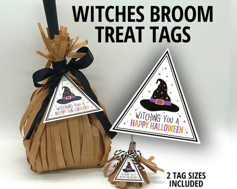 These Witches Broom Treat Tags are fun and festive gift tags for treat bags and lollipops. These triangular shaped Witching You A Happy Halloween gift tags are the perfect accent to your DIY Halloween craft or kids Halloween activity for Witches Broom Goody Bags or Lollipops. Just print, cut and attach to a goody bag or lollipop as a Halloween party favor. INCLUDES 8.5x11in Digital Download (4 Tags - Each Tag measures 4in high x 4in wide) 8.5x11in Digital Download (16 Tags - Each Tag measures 2in high x 2in wide) Listing is for printable tags only. No materials or bags are included. PLEASE NOTE This is a digital download only. Nothing will be shipped to you. Listing is for tags only. No materials or bags are included. This design is a Printable, and is not able to be edited by the buyer. N Diy Halloween Trick Or Treat Bags, Kids Halloween Activity, Halloween Carnival Games, Halloween Treat Bags Diy, Book Favors, Halloween Treat Tags, Halloween School Treats, Halloween Class Party, Halloween Gift Bags