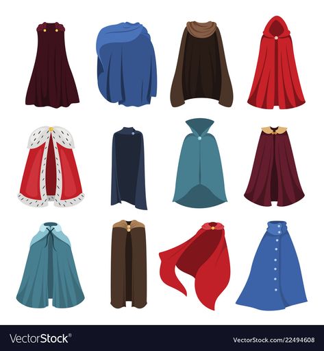 Cloaks party clothing and capes costume set Vector Image Cape Designs Drawing, Woman In Cloak Drawing, Fantasy Cape Drawing, Cape Designs Fantasy Drawing, Anime Cape Design, Cape Drawing References Wind, Capes Drawing, Drawing Capes, Cape Reference Drawing