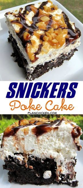 Snickers Poke Cake Recipe - chocolate cake, caramel, whipped cream, peanuts and chocolate sauce - OMG! There is NEVER any left! People go nuts over this cake!! Snickers Poke Cake, Poke Cake Recipes Chocolate, Chocolate Cake Caramel, Caramel Whipped Cream, Nature Cake, Snickers Cake, Poke Cake Recipe, Winter Dessert, Sweet Surrender