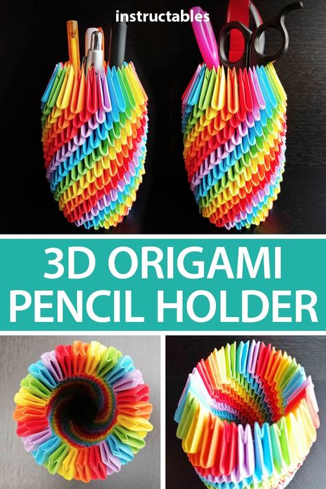 Make a rainbow 3D origami pencil holder out of small folded shapes that interlock together. #papercraft #decor #home #folding #desktop Origami Pencil Holder, Origami Pencil, 3d Origami Tutorial, Origami Home Decor, Paper Folding Crafts, Make A Rainbow, Origami Paper Art, Modular Origami, Diy Rainbow