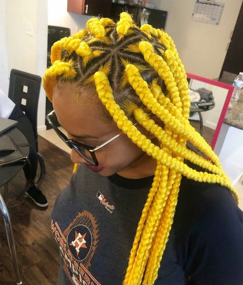 Colorful Braids.  Yellow Braids. Yellow Braids, Colorful Braids, Trendy We Fryzurach, Yellow Hair Color, Tan Skin Blonde Hair, Big Box Braids, Blonde Box Braids, Try On Hairstyles, Braided Ponytail Hairstyles