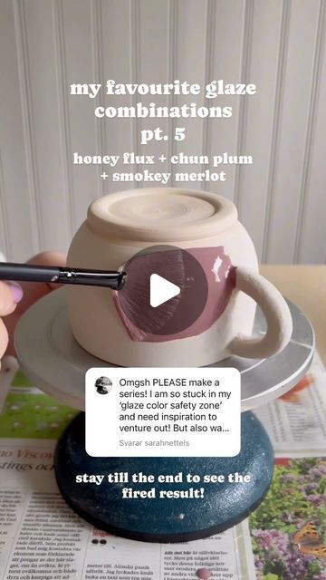 frida on Instagram: "we�’re already at part 5?? and yes, lavender mugs are my favourite. i can’t help it 🤧🤧🤧  honey flux x1 + one extra coat on the rim. chun plum + smokey merlot x1-2 💗  #ceramics #pottery #potteryglazing #ceramicglaze #glazetok #amacoglaze" Chun Plum And Smokey Merlot, Honey Flux And Chun Plum, Amaco Glazes On Dark Clay, Amaco Honey Flux Glaze Combos, Deep Firebrick Red Glaze Combinations, Smokey Merlot Glaze Combinations, Glaze Combos For Pottery, How To Glaze Pottery, Oatmeal Glaze Combinations