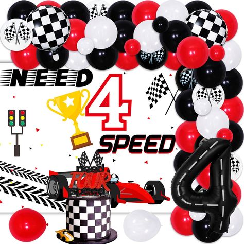 PRICES MAY VARY. Race Car 4th Birthday Party Decorations: Package includes 50*12 inches latex balloons(10 white, 10 black, 10 red, 5 black balloon with flag, 5 black balloon with flag), 15*5 inches latex balloons(5 white, 5 black, 5 red), 1 “NEED 4 SPEED” backdrop(3.3*4.9ft), 1*cake topper, 2*foil balloon(18inch), 1*number four foil balloon(40inch). Need Four Speed Birthday Backdrop: Our race car themed backdrop is made of premium quality vinyl, durable and lightweight, which is super cute and o Need 4 Speed Birthday Cake, 4th Birthday Boy Theme, Need Four Speed Birthday Party, 4th Bday Party Ideas Boys, Need Four Speed Party, Boys 4th Birthday Party Ideas, Need Four Speed Birthday Theme, Need 4 Speed Birthday Party, 4th Birthday Party For Boys Theme