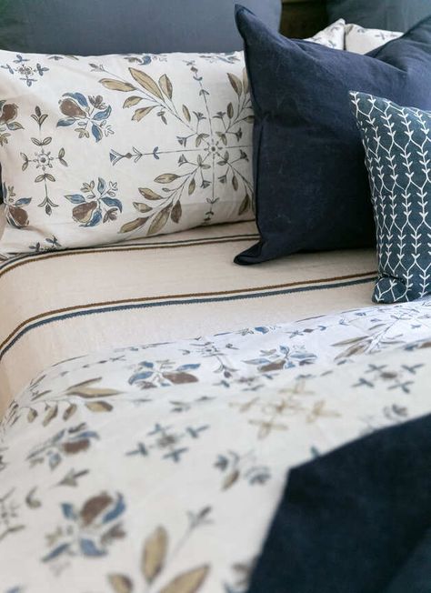 Why I created our Sparrow & Sage bedding Navy And Tan Bedding, Blue And Green Bedding Ideas, Sage And Navy Bedroom, Blue And Brown Bedroom Ideas, Tan And Blue Bedroom, Bedside Organization, High End Bedding, Sage Bedding, Blue And Cream Bedroom