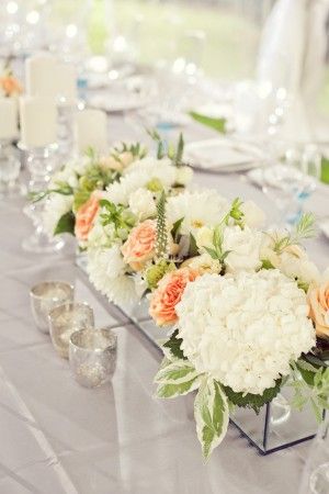 Rectangular Peony/Peach Rose Wedding Centerpiece - perfect if you hate those tall centerpieces that always block conversation! Rose Centerpieces Wedding, Modern Wedding Centerpieces, Diy Fleur, Tall Centerpieces, Peach Roses, Floral Centerpieces, Flower Centerpieces, Rose Wedding, Mountain Wedding