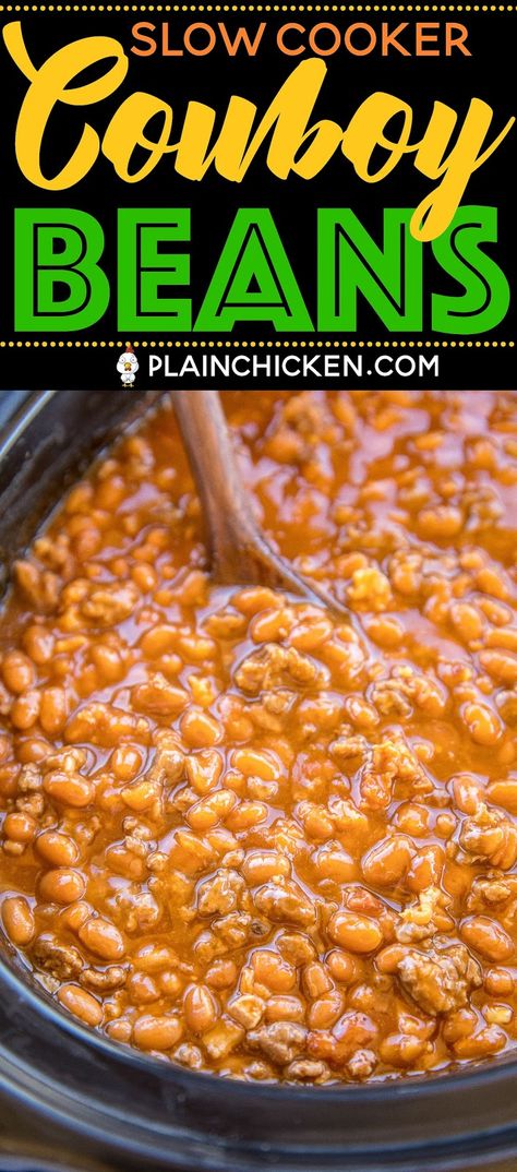 Slow Cooker Cowboy Beans - seriously the BEST baked beans I've ever eaten!!! Loaded with beef and bacon. SO easy to make! Great for potlucks and cookouts. Ground beef, bacon, onion, baked beans, ketchup, mustard, beef broth, garlic, brown sugar. I took these to a cookout and everyone asked for the recipe. A new favorite!! #slowcooker #bakedbeans #cookout #sidedish Baked Beans With Ground Beef Crock Pot, Slow Cooker Baked Beans With Ground Beef, Crockpot Baked Beans With Ground Beef, Slow Cooker Cowboy Beans, Ground Beef Ideas, Beans With Ground Beef, The Best Baked Beans, Bake Beans, Cowboy Baked Beans