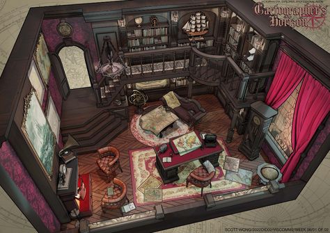 Fantasy Office Room Concept Art, Steampunk Room Concept Art, Explorer Room Decor, Dungeon Interior Concept Art, Alchemist Room Concept Art, Dnd Room Art, Types Of Rooms In A House List, Victorian Room Design, Isometric Room Art