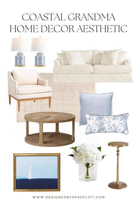 What is Coastal Grandmother Style (& Why We’re Loving It) — SpaceLift Hamptons Beach House Decor Coastal Style, Coastal Grandma Living Room Ideas, Coastal Grandma Interior Design, Coastal Grandma Home, Coastal Grandmother Living Room, Coastal Grandmother Home, Kirklands Home Decor, Grandma Home, Coastal Grandma Aesthetic