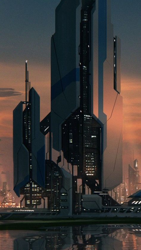 Futuristic Cityscape, Sci Fi Building, Sci Fi Architecture, Futuristic Building, Future Buildings, Sci Fi City, Sci Fi Environment, City At Night, Cyberpunk City