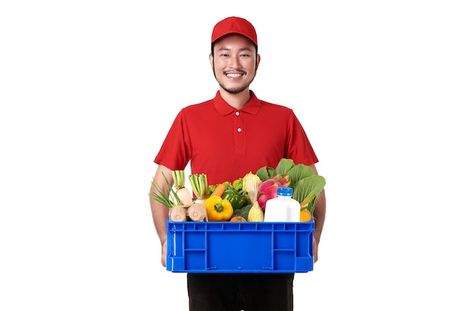 Asian delivery man wearing in red unifor... | Free Photo #Freepik #freephoto #man #fruit #delivery #smile Bag On Wheels, Red Uniform, Milk Delivery, Online Grocery Store, Big Basket, Food Basket, Grocery Items, Consumer Behaviour, Grocery Stores