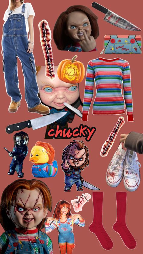 chucky, halloween, costume, scary, doll, inspo, ideas Chucky Doll Costume, Chucky Halloween Costume, Halloween Costume Scary, Chucky Costume, Chucky Halloween, Costume Carnaval, Matching Halloween Costumes, Scary Doll, Chucky Doll