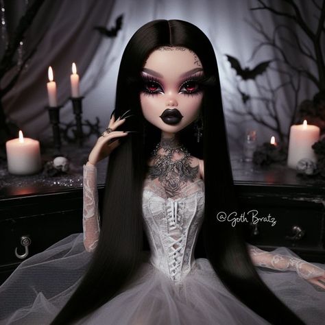 Her lips, crimson as forbidden fruit, whispered promises of eternity. 🕯️✨🖤 inspired by @nightmarebaby #bratz #gothbratz #explorepage Bratz Dollhouse, Goth Bratz, Goth Barbie, Portrait Decor, Badass Drawings, Blood Wallpaper, Women Illustration, Illustration Fantasy, Doll Aesthetic