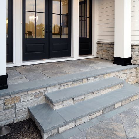 Thermaled Bluestone Treads & Coping Thermal Bluestone Walkway, Front Porch Steps Ideas Entrance Stone, Blue Stone Front Steps, Blue Stone Front Porch, Bluestone Front Steps, Front Entry Stairs Exterior, Bluestone Front Porch, Bluestone Walkway To Front Door, Manderly House