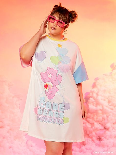 SHEIN X Care Bears Plus Bear & Letter Graphic Colorblock Drop Shoulder Tee Dress Care Bear Dress, Simple Scarf, Drop Shoulder Tee, Cleaning Motivation, Slogan Tee, Patterned Scarves, Care Bears, 50's Dress, Tee Dress