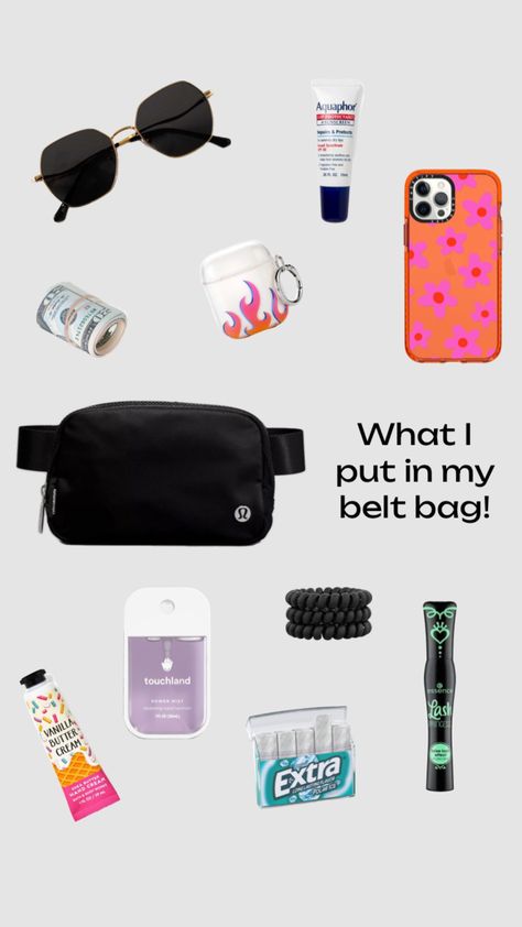 #beauty #whatiputinmybeltbag#preppy What To Put In Your Fanny Pack, What To Put In Your Belt Bag, Fanny Pack Essentials, Belt Bag Essentials, Babysitting Bag, Summer Bag Essentials, Lulu Bag, Road Trip Bag, Preppy Shuffles