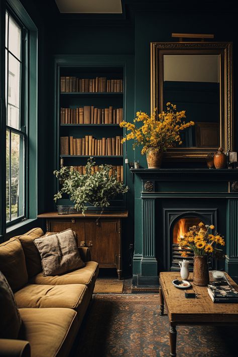 a dark green living room with mustard velvet sofa, vintage coffee table and fire lit Dark Green Living Room, Sunset Garden, Dark Green Walls, Dark Living Rooms, Interior Design Per La Casa, Sofa Lounge, Cosy Spaces, Inspire Me Home Decor, Primary Bedroom